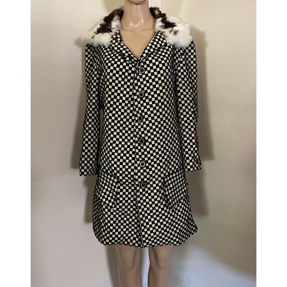 Rik Villa XS 2 Jacket Coat Checkerboard Black White Fur Collar Check Plaid Artsy